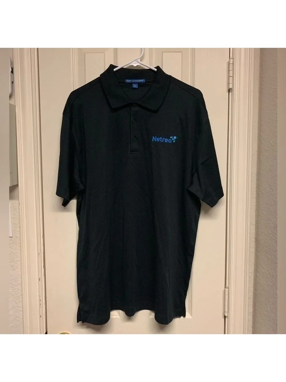 Port Authority mens black polo branded Netreo short sleeve size L Large NEW NWOT